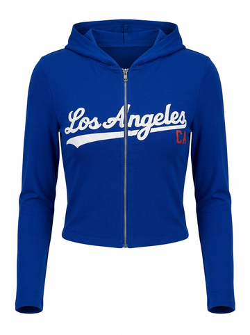 Ghost cut image of a blue LOS ANGELES CA ZIP UP HOODIE on a white background.