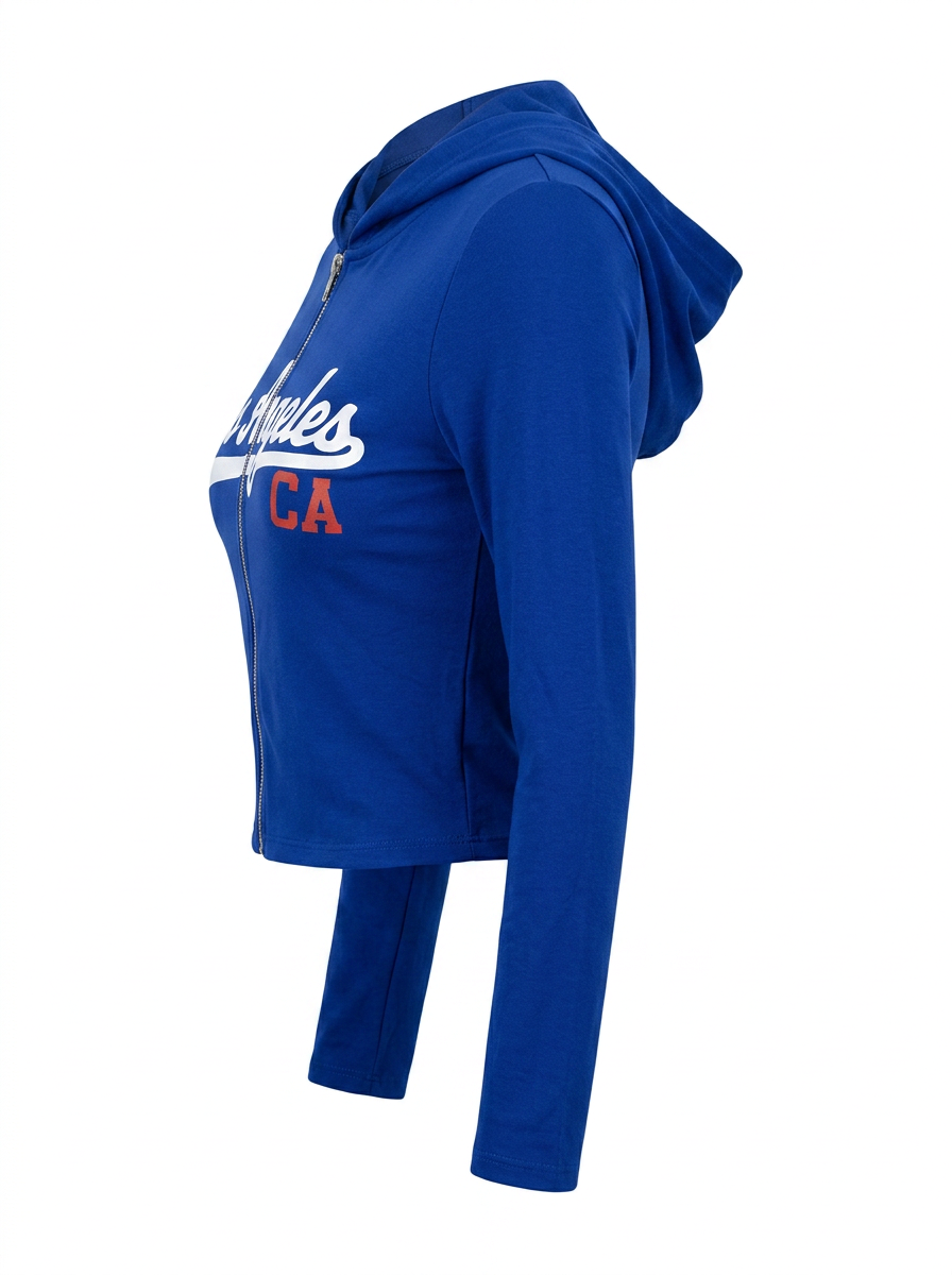 Ghost cut image of a blue LOS ANGELES CA ZIP UP HOODIE on a white background.