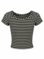 Ghost cut image of a black BOAT NECK CAP SLEEVE STRIPED BOXY FIT TOP on a white background.