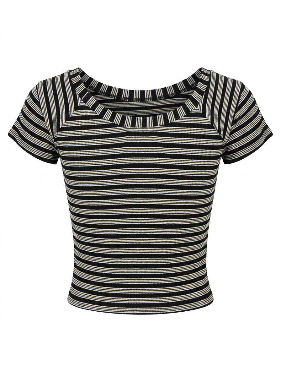 Ghost cut image of a black BOAT NECK CAP SLEEVE STRIPED BOXY FIT TOP on a white background.