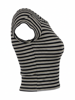 Ghost cut image of a black BOAT NECK CAP SLEEVE STRIPED BOXY FIT TOP on a white background.