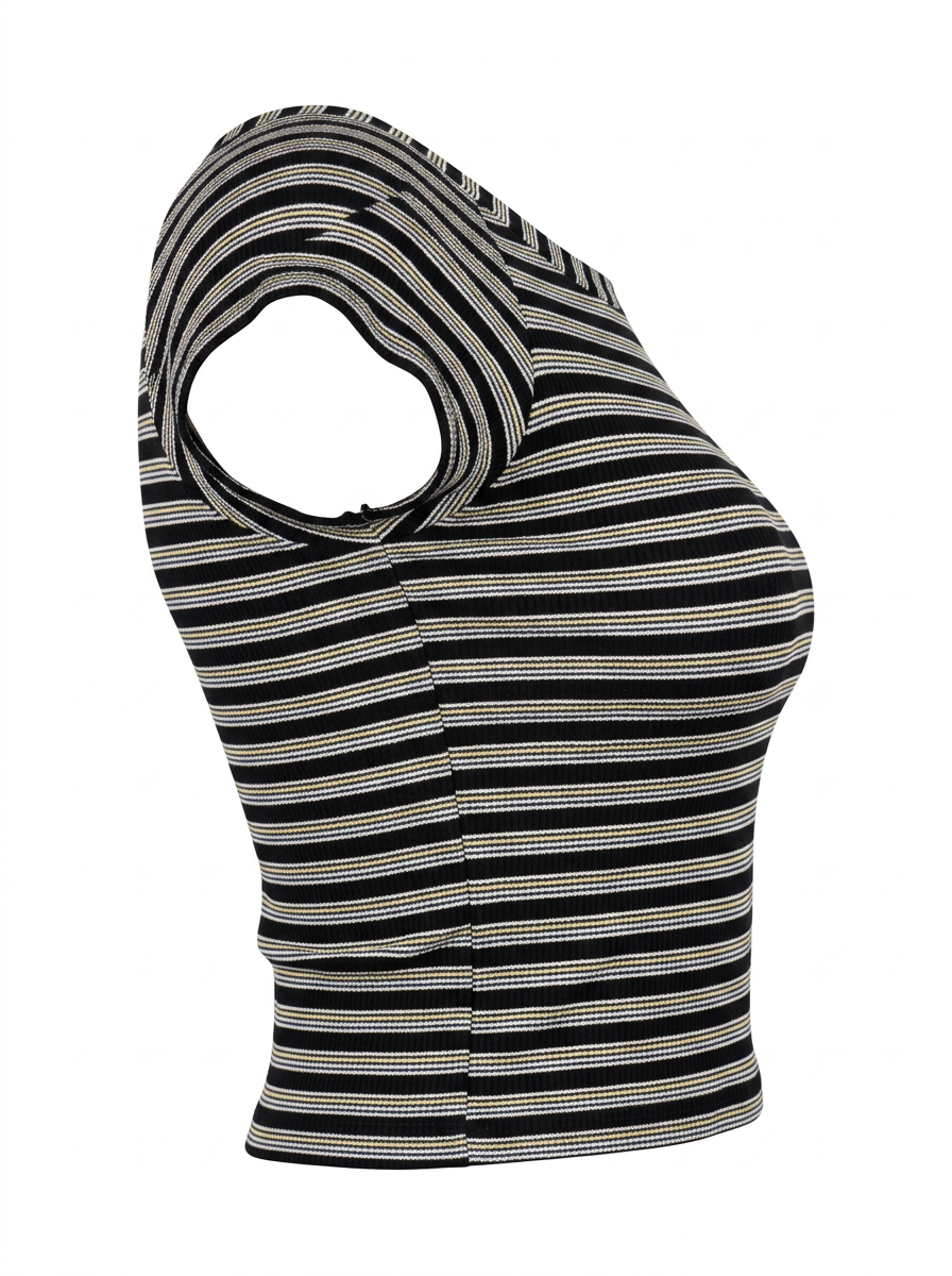 Ghost cut image of a black BOAT NECK CAP SLEEVE STRIPED BOXY FIT TOP on a white background.