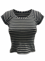 Ghost cut image of a black BOAT NECK CAP SLEEVE STRIPED BOXY FIT TOP on a white background.