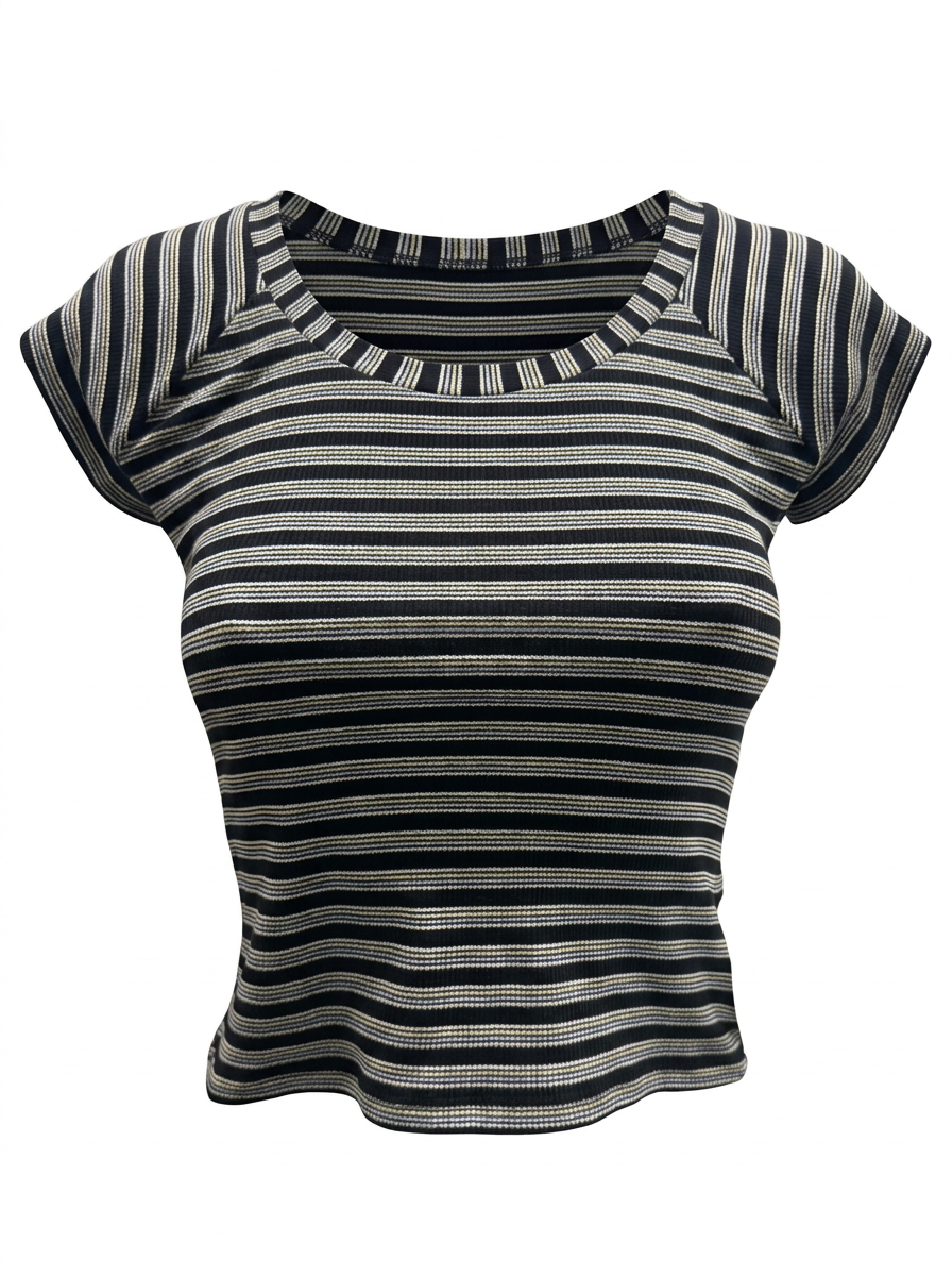 Ghost cut image of a black BOAT NECK CAP SLEEVE STRIPED BOXY FIT TOP on a white background.