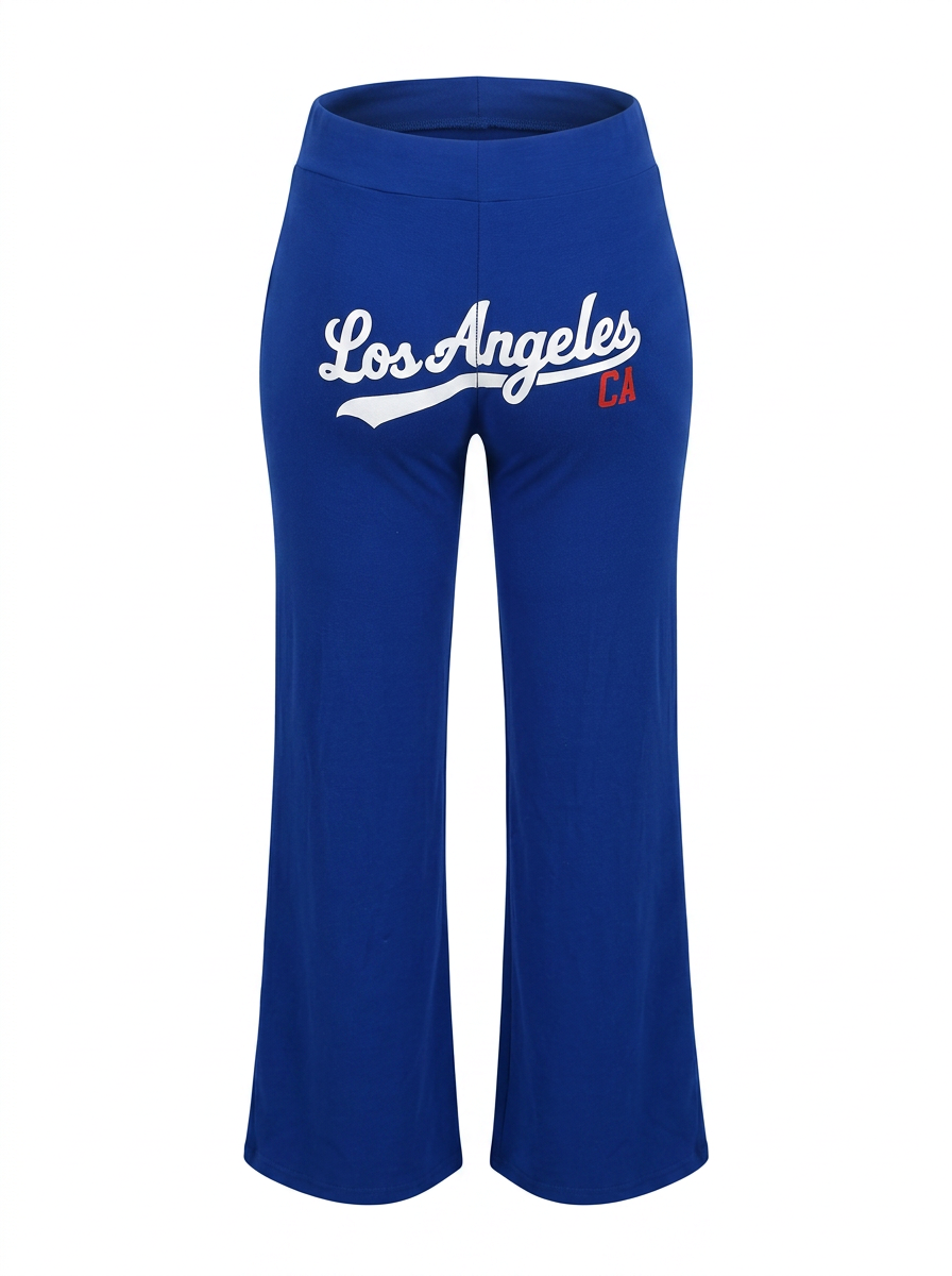 Ghost cut image of a blue STRAIGHT LEG LOS ANGELES LOGO PULL ON PANT on a white background.