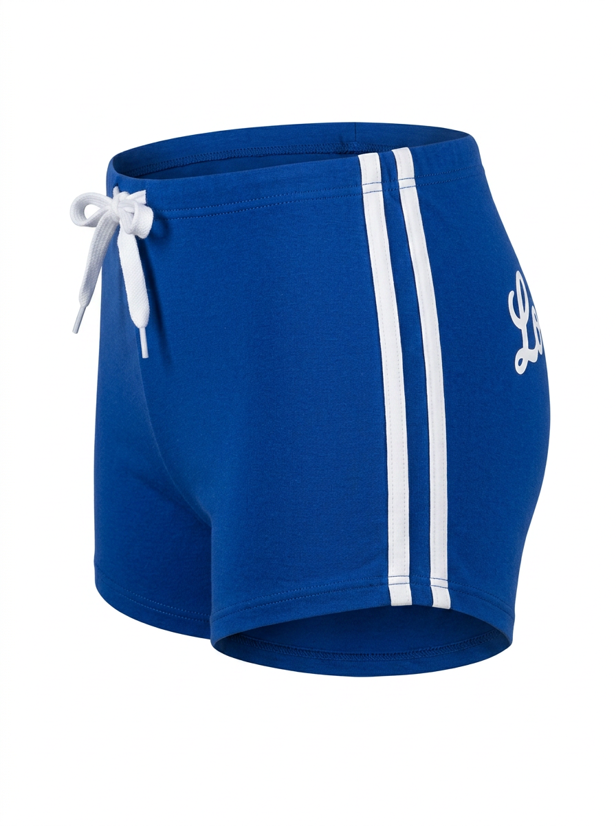 Ghost cut image of a blue LOS ANGELES SIDE STRIPES PULL ON MICRO SHORT on a white background.