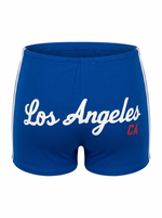 Ghost cut image of a blue LOS ANGELES SIDE STRIPES PULL ON MICRO SHORT on a white background.