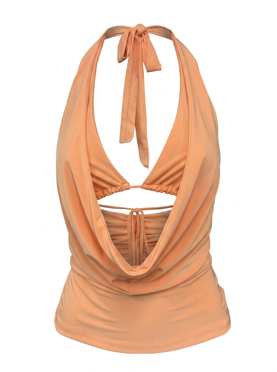 Ghost cut image of a peach TIE NECK & BACK BIKINI DETAIL COWLED TOP on a white background.