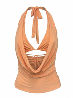 Ghost cut image of a peach TIE NECK & BACK BIKINI DETAIL COWLED TOP on a white background.