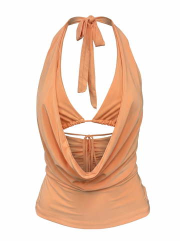 Ghost cut image of a peach TIE NECK & BACK BIKINI DETAIL COWLED TOP on a white background.