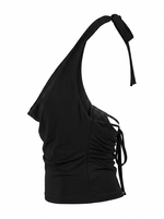 Ghost cut image of a black TIE NECK & BACK BIKINI DETAIL COWLED TOP on a white background.
