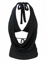 Ghost cut image of a black TIE NECK & BACK BIKINI DETAIL COWLED TOP on a white background.
