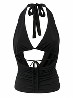 Ghost cut image of a black TIE NECK & BACK BIKINI DETAIL COWLED TOP on a white background.