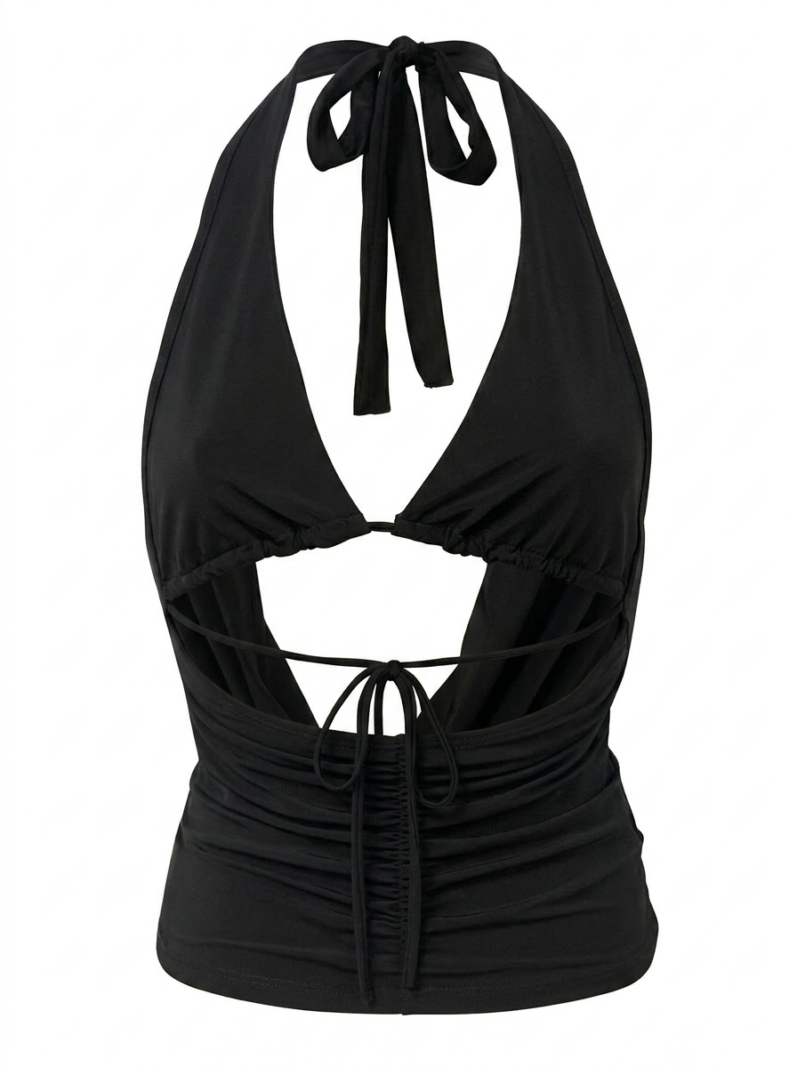 Ghost cut image of a black TIE NECK & BACK BIKINI DETAIL COWLED TOP on a white background.