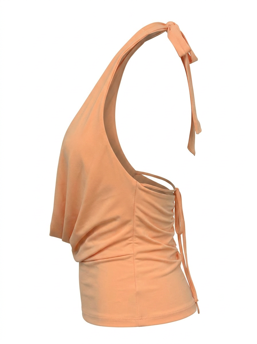 Ghost cut image of a peach TIE NECK & BACK BIKINI DETAIL COWLED TOP on a white background.