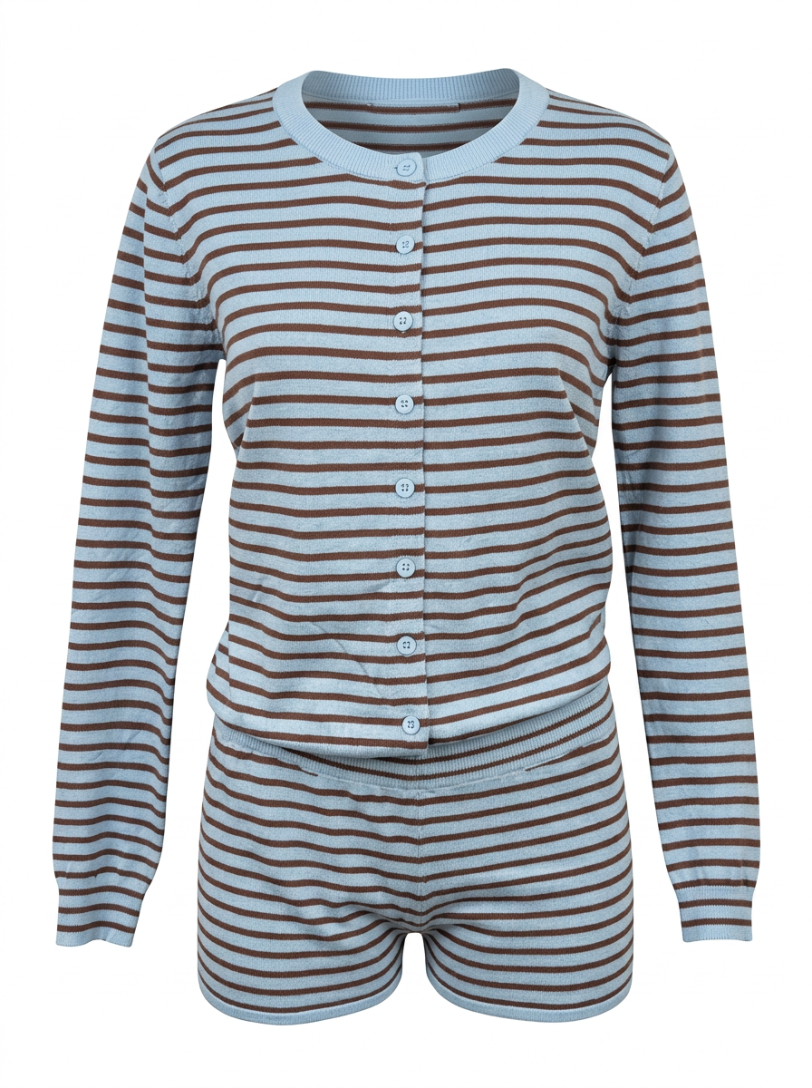 Ghost cut photo of a blue STRIPED BUTTON UP CARDIGAN & BOYSHORT SET on a white background.