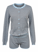 Ghost cut photo of a blue STRIPED BUTTON UP CARDIGAN & BOYSHORT SET on a white background.