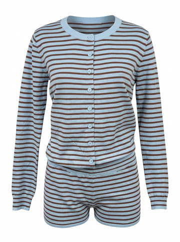 Ghost cut photo of a blue STRIPED BUTTON UP CARDIGAN & BOYSHORT SET on a white background.