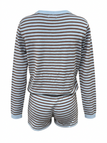 Ghost cut photo of a blue STRIPED BUTTON UP CARDIGAN & BOYSHORT SET on a white background.