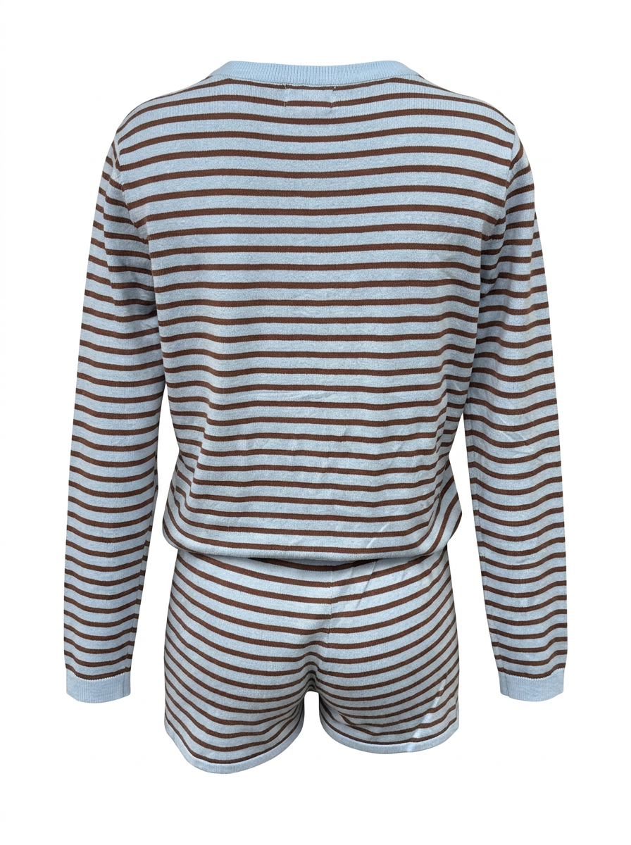Ghost cut photo of a blue STRIPED BUTTON UP CARDIGAN & BOYSHORT SET on a white background.