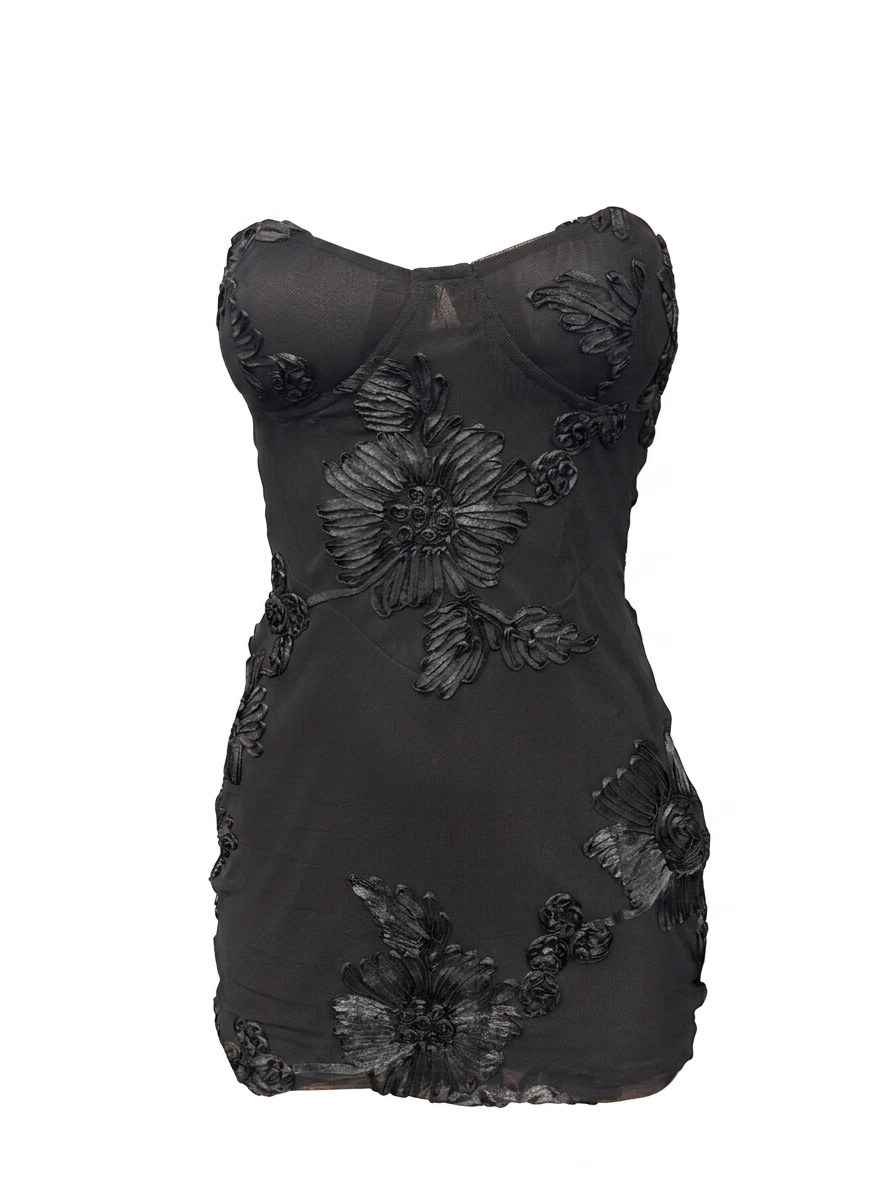 Ghost cut image of a black SWEETHEART NECK EMBROIDERED FLORAL SLEEVELESS MINI DRESS on a white background.