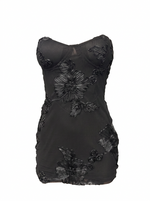 Ghost cut image of a black SWEETHEART NECK EMBROIDERED FLORAL SLEEVELESS MINI DRESS on a white background.