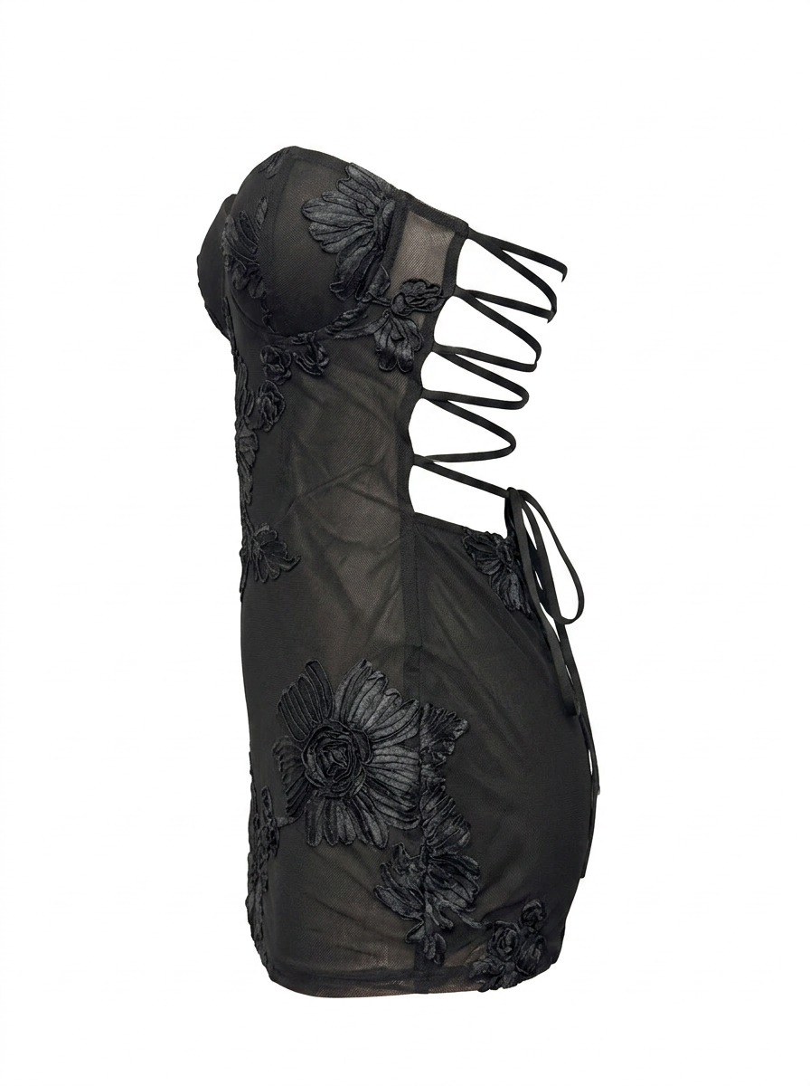 Ghost cut image of a black SWEETHEART NECK EMBROIDERED FLORAL SLEEVELESS MINI DRESS on a white background.