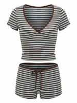 Ghost cut mannequin image of a brown and blue STRIPED V NECK SHORT SLEEVE TOP & SHORTS SET on a white background.