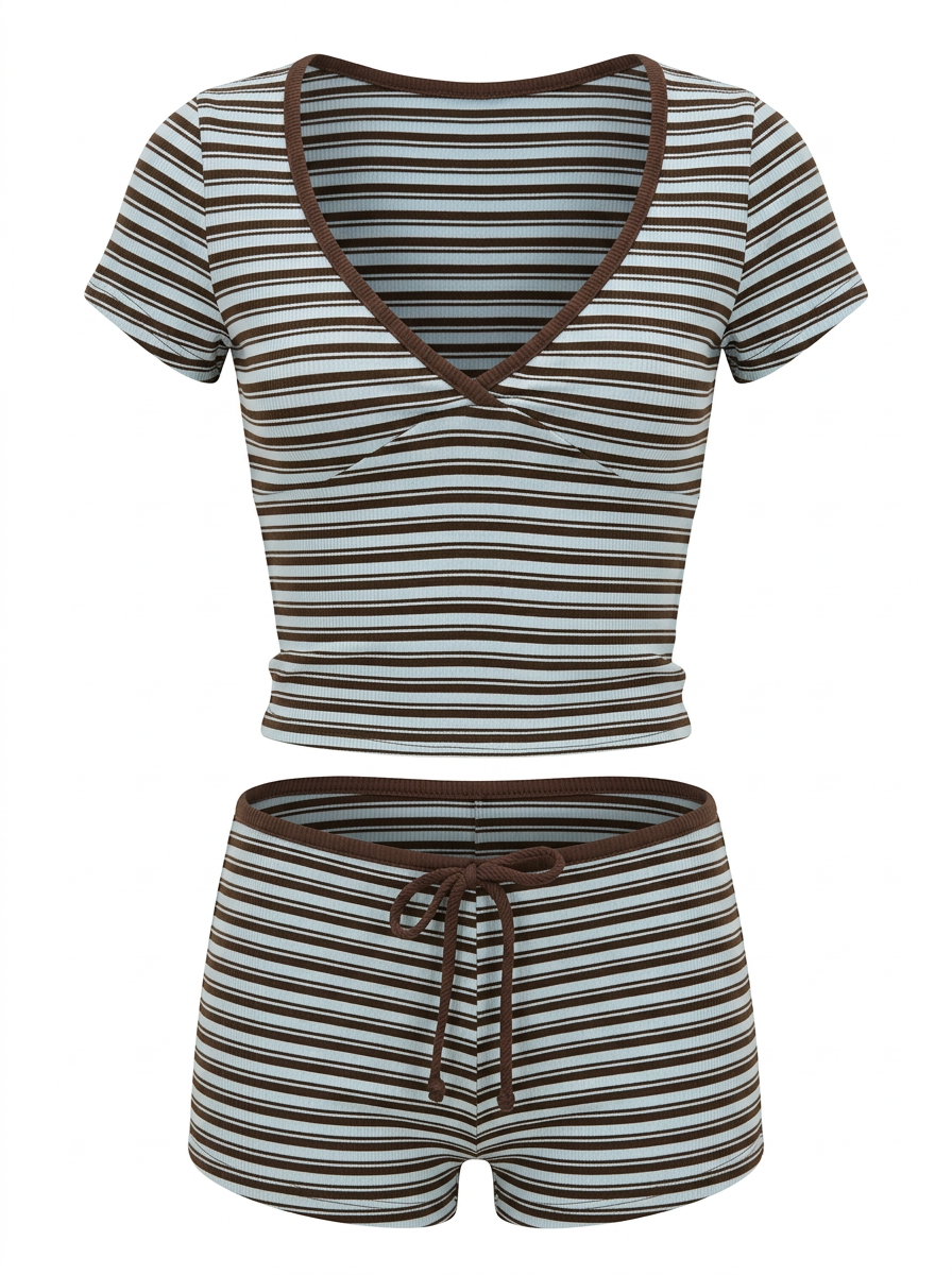 Ghost cut mannequin image of a brown and blue STRIPED V NECK SHORT SLEEVE TOP & SHORTS SET on a white background.