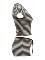 Ghost cut mannequin image of a brown and blue STRIPED V NECK SHORT SLEEVE TOP & SHORTS SET on a white background.