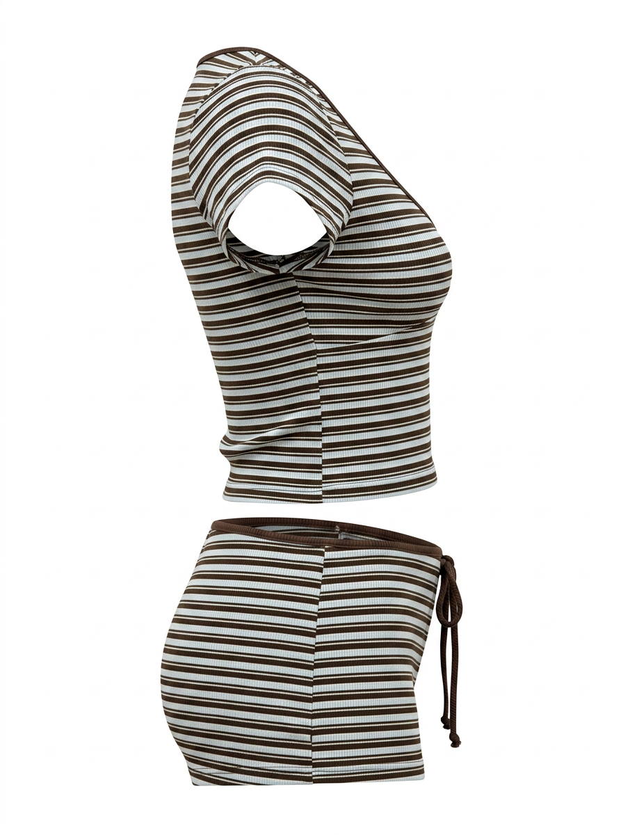 Ghost cut mannequin image of a brown and blue STRIPED V NECK SHORT SLEEVE TOP & SHORTS SET on a white background.