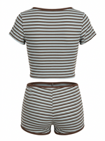 Ghost cut mannequin image of a brown and blue STRIPED V NECK SHORT SLEEVE TOP & SHORTS SET on a white background.