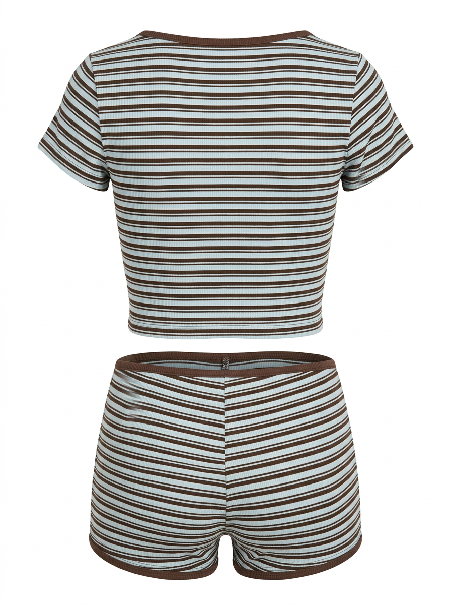 Ghost cut mannequin image of a brown and blue STRIPED V NECK SHORT SLEEVE TOP & SHORTS SET on a white background.