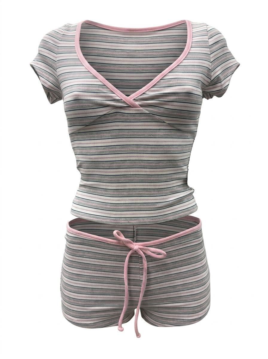Ghost cut mannequin image of a pink and grey STRIPED V NECK SHORT SLEEVE TOP & SHORTS SET on a white background.