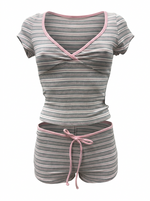 Ghost cut mannequin image of a pink and grey STRIPED V NECK SHORT SLEEVE TOP & SHORTS SET on a white background.