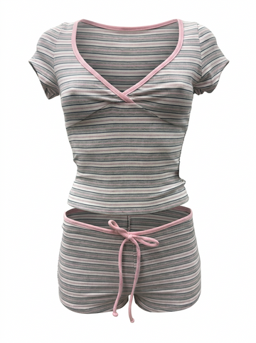 Ghost cut mannequin image of a pink and grey STRIPED V NECK SHORT SLEEVE TOP & SHORTS SET on a white background.