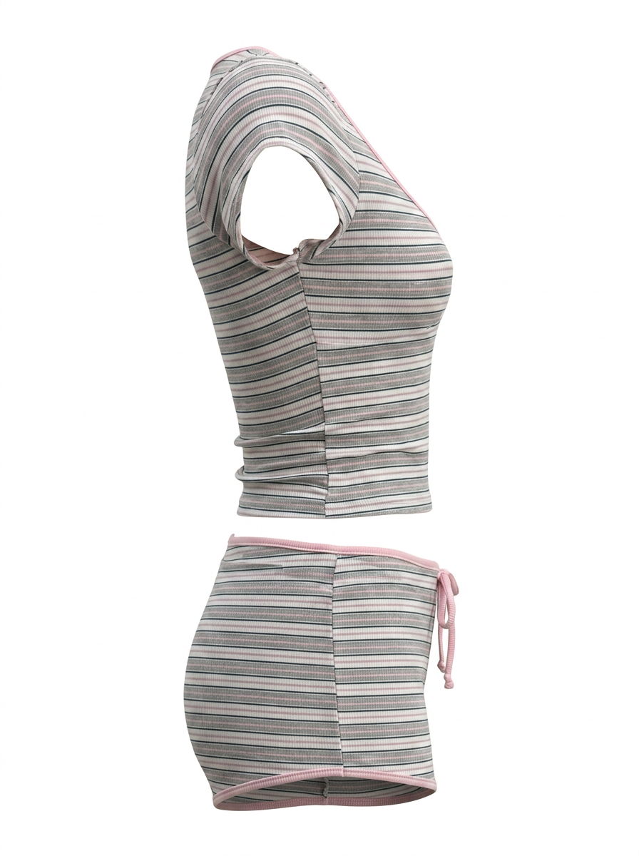 Ghost cut mannequin image of a pink and grey STRIPED V NECK SHORT SLEEVE TOP & SHORTS SET on a white background.