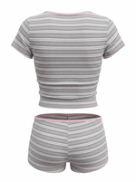Ghost cut mannequin image of a pink and grey STRIPED V NECK SHORT SLEEVE TOP & SHORTS SET on a white background.