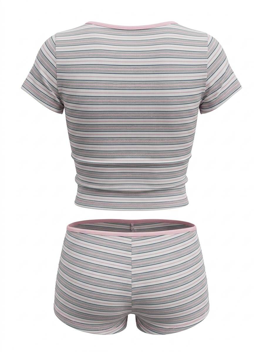 Ghost cut mannequin image of a pink and grey STRIPED V NECK SHORT SLEEVE TOP & SHORTS SET on a white background.