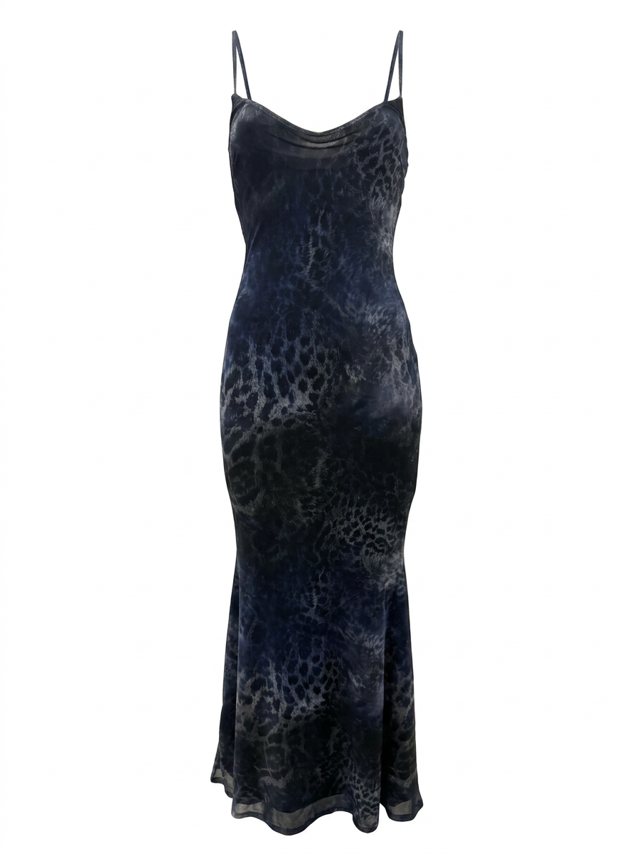 Ghost cut image of a blue LEOPARD PRINT SLEEVELESS V NECK MAXI DRESS on a white background.