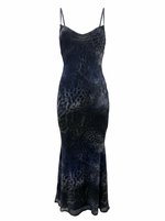Ghost cut image of a blue LEOPARD PRINT SLEEVELESS V NECK MAXI DRESS on a white background.