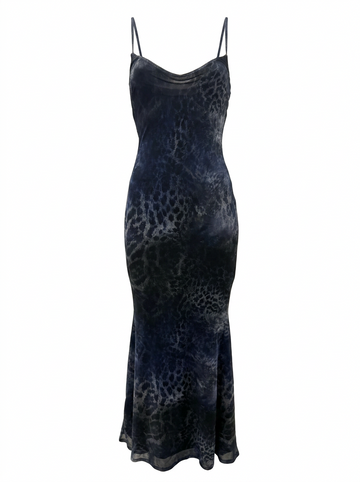Ghost cut image of a blue LEOPARD PRINT SLEEVELESS V NECK MAXI DRESS on a white background.