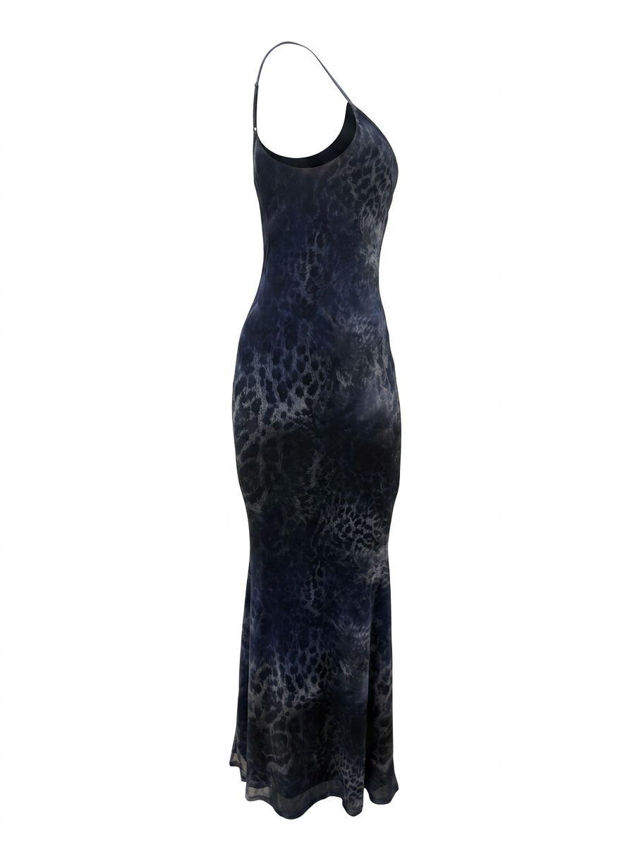 Ghost cut image of a blue LEOPARD PRINT SLEEVELESS V NECK MAXI DRESS on a white background.