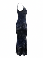 Ghost cut image of a blue LEOPARD PRINT SLEEVELESS V NECK MAXI DRESS on a white background.