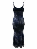 Ghost cut image of a blue LEOPARD PRINT SLEEVELESS V NECK MAXI DRESS on a white background.