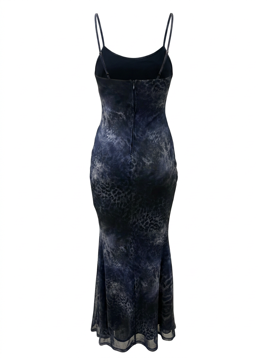 Ghost cut image of a blue LEOPARD PRINT SLEEVELESS V NECK MAXI DRESS on a white background.