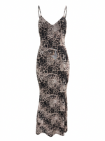 Ghost cut image of a brown LEOPARD PRINT SLEEVELESS V NECK MAXI DRESS on a white background.