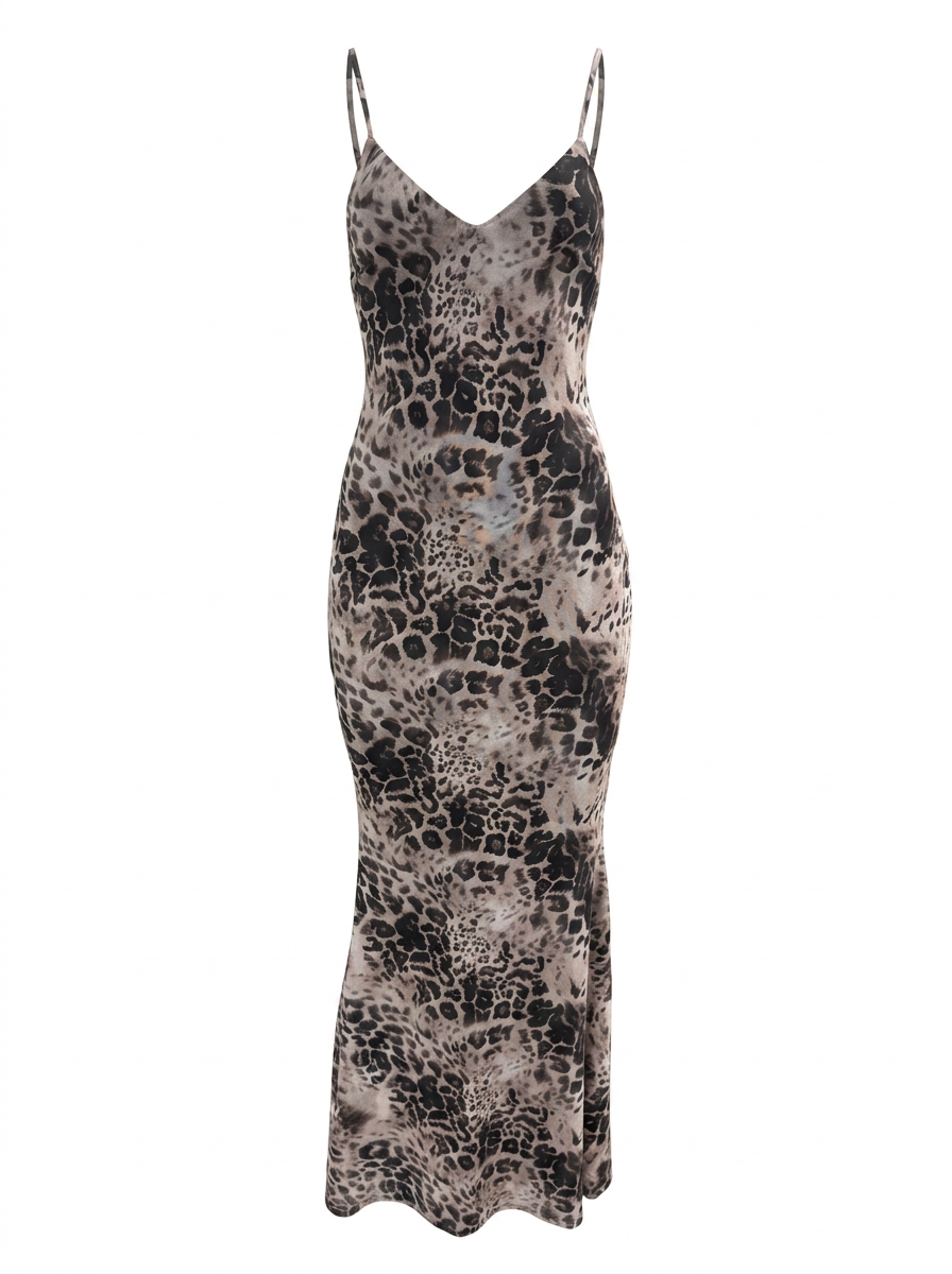 Ghost cut image of a brown LEOPARD PRINT SLEEVELESS V NECK MAXI DRESS on a white background.
