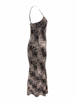 Ghost cut image of a brown LEOPARD PRINT SLEEVELESS V NECK MAXI DRESS on a white background.