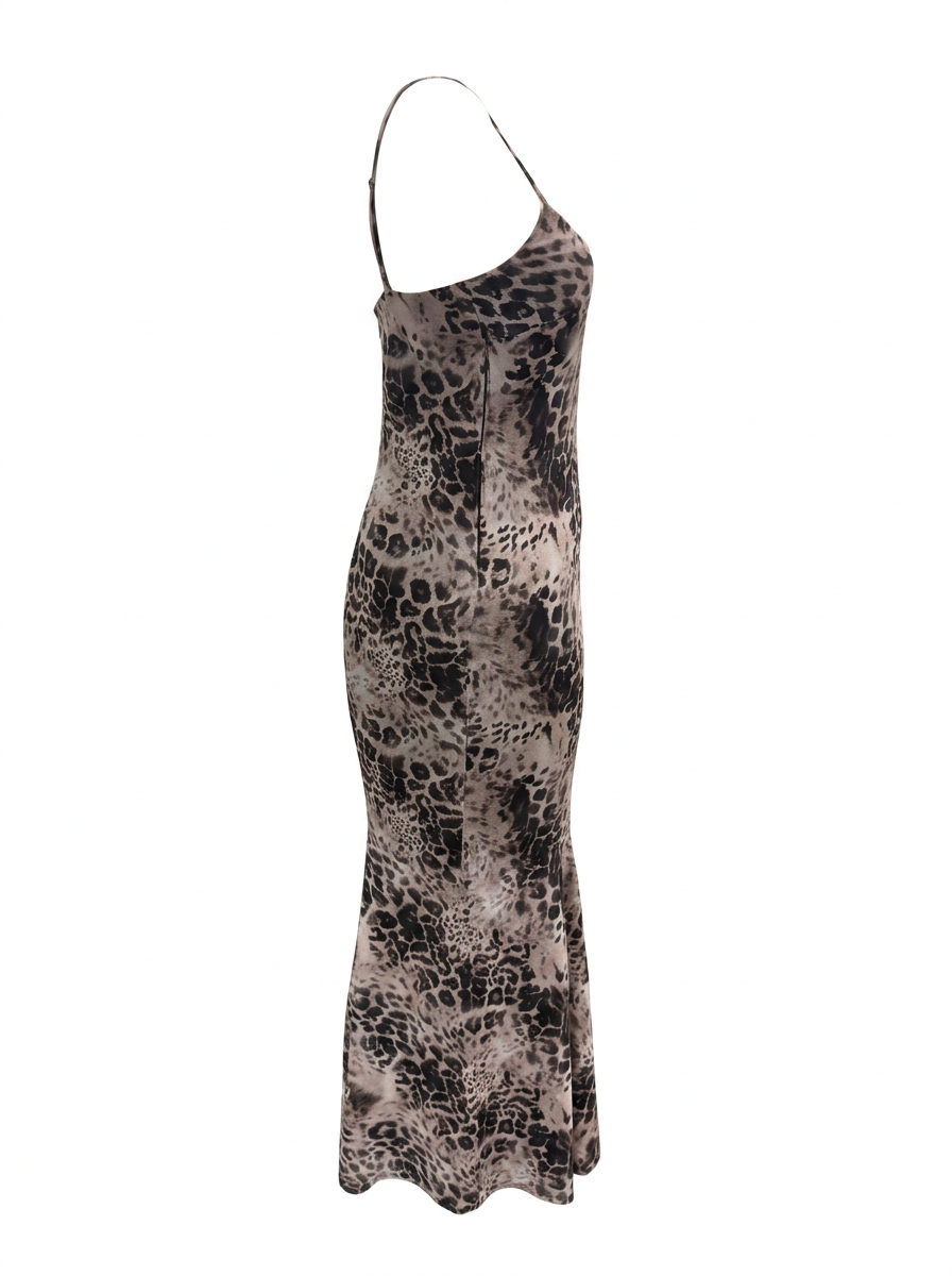 Ghost cut image of a brown LEOPARD PRINT SLEEVELESS V NECK MAXI DRESS on a white background.